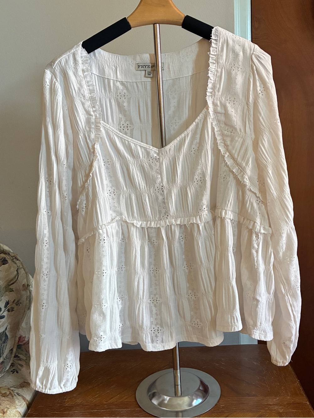 Frye Cream Eyelet Peasant Blouse with Ruffle Trim